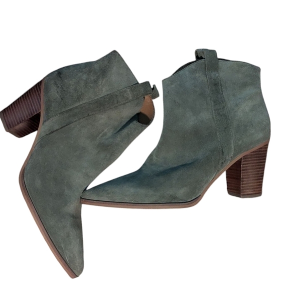 Franco Sarton Suede Leather Heeled Ankle Boots Sage Green Western EUC Sz 11 - Picture 1 of 10